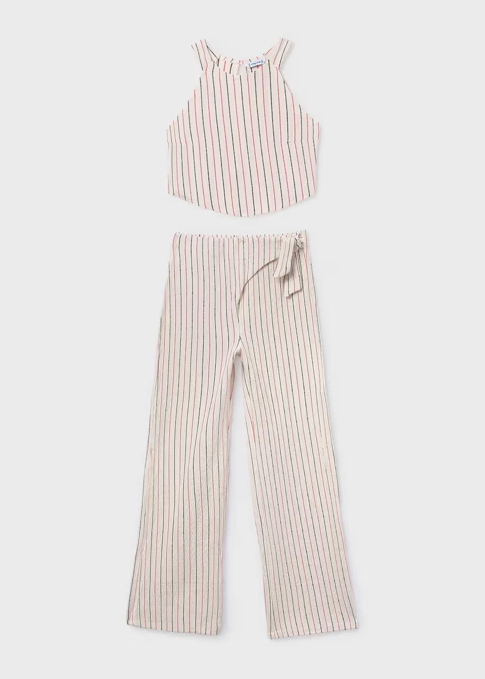 Mayoral Conjunto pantalón largo y top rayas chica crudo-coral - Imagen 1